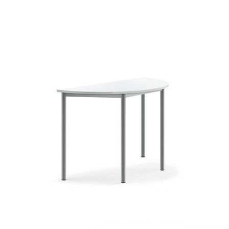 Tisch SONITUS, halbrund, 1200x600x760 mm, Hochdrucklaminat weiß, alugrau