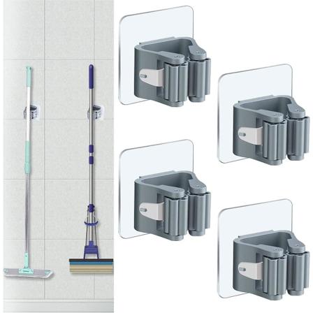 4-delt kosteskaft-holder, selvklebende moppholder, multifunksjonell veggmontert kosteskaft-holder, moppholder med kroker, oppbevaringskrok, moppklips 