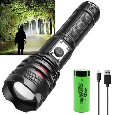 Taktisen taskulampun LED, 20000 lumenia P70 korkea teho, USB-ladattava, ladattava 26650 akku, sopii ulkoilmaan, retkeilyyn ja mets stykseen