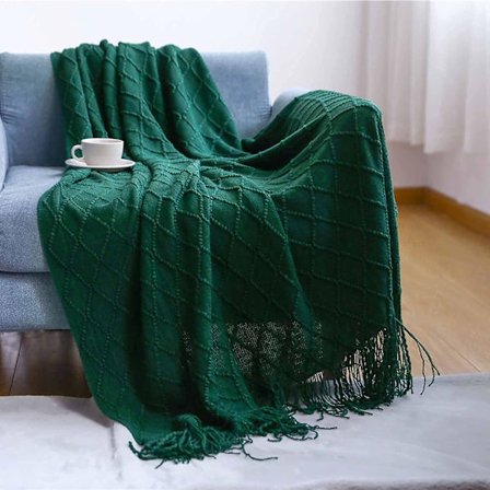 Frynser Strikket Tæppe Sengetøj Ensfarvet Nordisk Plaid Varm Tæppe Fashion Blødt Tæppe Sofa Kast Dekorativt Sengetæppe Grøn 130*200+15CM skal