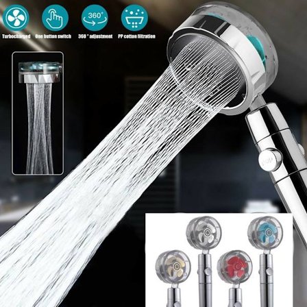 Brusehoved med højt tryk med turbopropel i guld, mod kalk og hårdt vand,