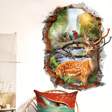 3D Deer Papegøje Knust vindue Wall Sticker Dyr Vægmaleri Shop Wi