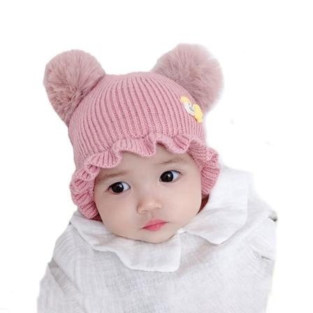 Pompom babylue strikket lue ROSA pink
