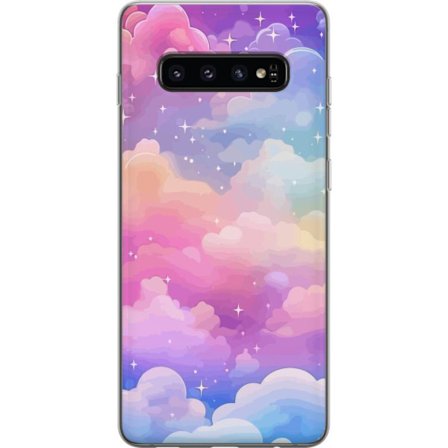 Kompatibelt Mobildeksel til Samsung Galaxy S10 Søt enhjørning med regnbuefarget hår mot en stjernebelagt pastellbakgrunn i kawaii-stil