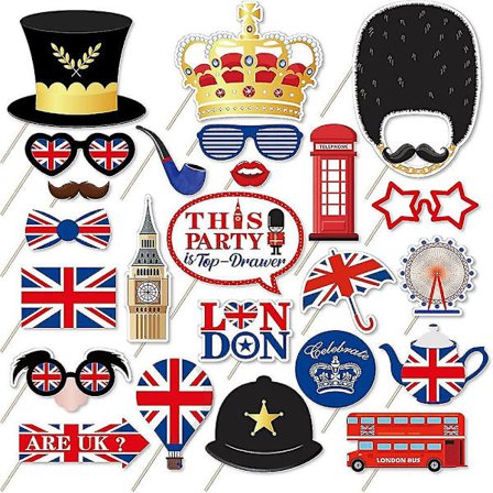 25 stk. Britiske fotorekvisitter, sjove britiske festrekvisitter, UK England selfie-rekvisitter til britisk London nationaldagsfestdekorationer og -