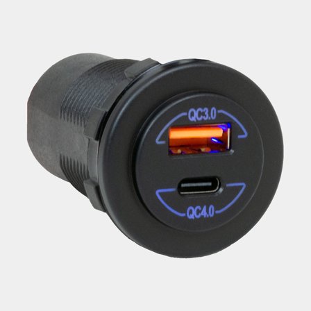 Gniazdo USB Sutars, wpuszczane, czarne, 12 V / 24 V, 18 / 36 W, USB-A + USB-C, z pokrywą + podświetleniem - Jachtowa