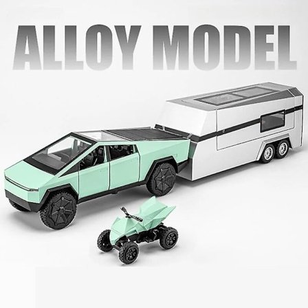 1/32 Tesla Cybertruck med Touring Car Rv Caravan Diecast Lekebil Metall Miniatyrmodell Trekk Tilbake Lyd Lys Samling Gave Gutt
