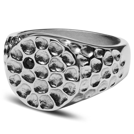 Orphic | Srebrzysty sygnet młotkowany ze stali nierdzewnej i z czarną cyrkonią dla mężczyzn - Sygnety