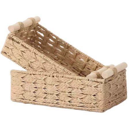 ING Firkantet papirsnor kurv med træhåndtag til opbevaring af gaver, nøgler og kosmetik; fletkurv i naturlig træfarve, pakke med 2 i assorterede 