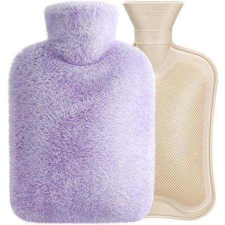 Myk varmtvannsflaske med trekk - 2L XXL lilla - Holder varmen i 7 timer - Lindrer ryggsmerter, menstruasjonssmerter og mageknip