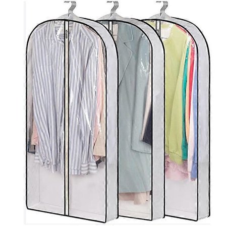 3 stk. Tøjbetræk Støvtæt Mølsikkert Frakke Taske Med Lynlås Gennemsigtigt Kjolebetræk Vandtæt 60*153+10c Hvid