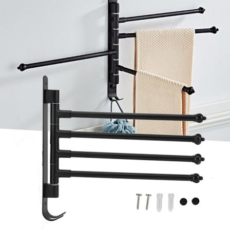 Svängbar handdukshållare i rostfritt stål, svart svängbar rörlig stång för badrum, garderob, kök, 4 armar