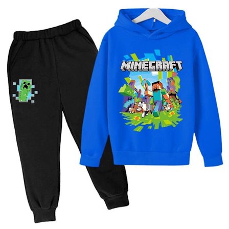 Minecraft Spill Hettejakke Treningsdress for Barn Unisex Sport Hettegenser Bukse Antrekk Sett Blu Blå 7-8 År