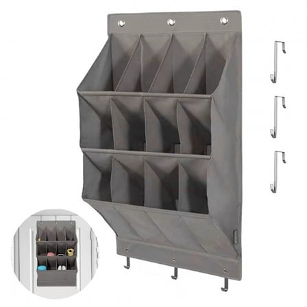 (Grå) Skohylla över dörr, 12 Fack, Hängande Skohylla med 6 Krokar, Skoförvaring, Platsbesparande