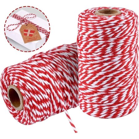 200 meter rød og hvidt julegarn - slidstærk juleindpakningssnor, bindekage, konditorvarer, bomuldsbager og andet gør-det-selv-håndværk