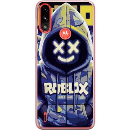 Kompatibelt Mobildeksel til Motorola Motorola Moto E7 Power Blågul Roblox hettegenserfigur med minimalistisk neonstil og masket ansikt, moderne spill