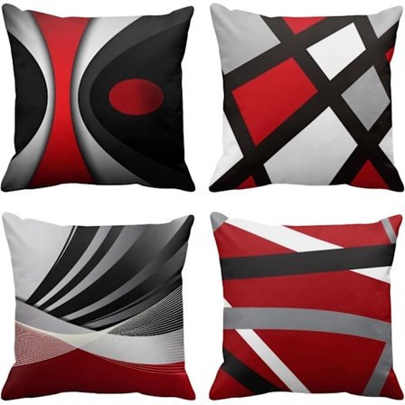 NA/Sæt med 4 Moderne Abstrakte Striber Rød Grå Sort Hvid Akryl Grove Grå Pudebetræk Boligindretning Firkantede Pudebetræk