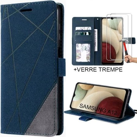 Fodral till Samsung Galaxy A12 + 2 härdade glasögon - Snyggt anti-skrapa Marinblått lock
