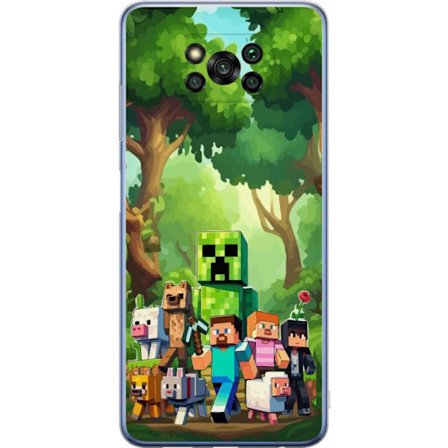 Kompatibelt Mobildeksel til Xiaomi Poco X3 Pro Blokkete pikselerte spillverden med grønne figurer og dyr i frodig skogsmiljø