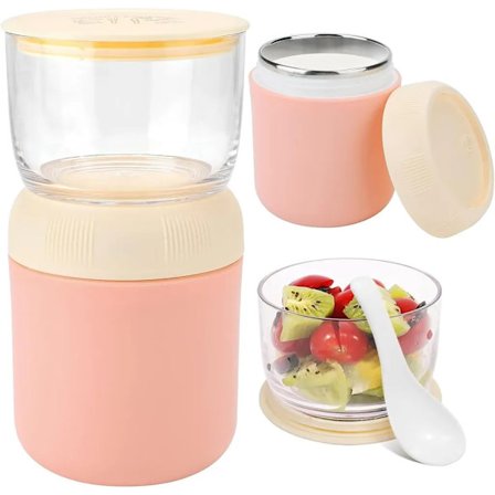 Frokostblanding kopp takeaway kopp, 300+400ml matboks, yoghurtkopp med skje, lekkasjesikker suppebeholder (rosa)