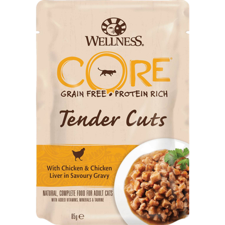 CORE Petfood - Cat Adult Tender Cuts kylling og kyllinglever i velsmakende saus våt 85g - Katt - Kattefôr & kattemat - Våtfôr og våtmat - ZOO.no
