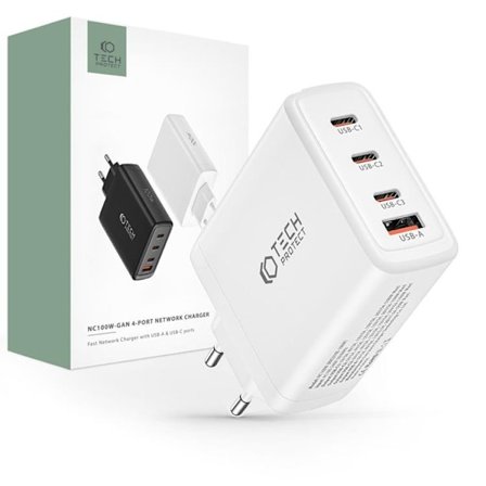 Tech-Protect 4-Port Väggladdare 3x USB-C/1x USB-A PD100W - Vit