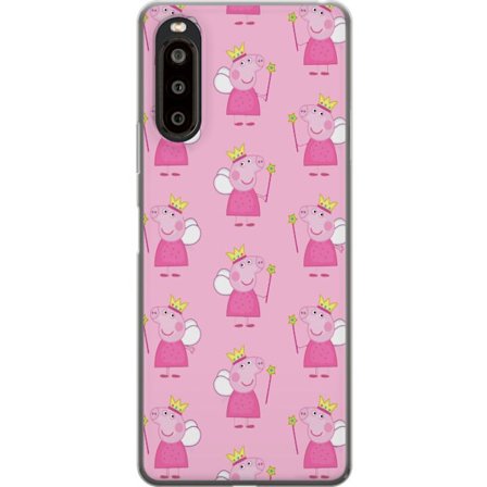 Yhteensopiva Puhelinkuori Sony Xperia 10 II Greta Gris ja Peppa Pig dinosauruksella ja eläimillä, leikkisä piirretty lasten kohtaus sinisellä taus