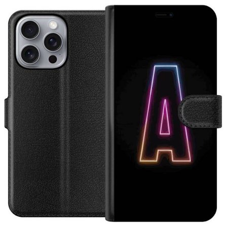 Yhteensopiva Lompakkokotelo Apple Apple iPhone 16 Pro Max Minimalistinen neonkirjain A sateenkaarenvärisessä valossa mustaa taustaa vasten moderniss