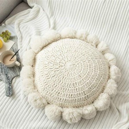 Runde boho-puter med pomponer, macrame-puter gulvpute