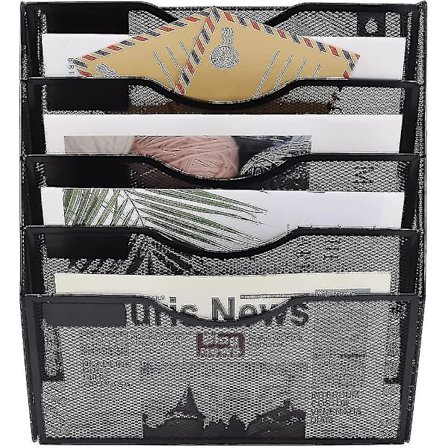 5-etasjers veggmontert filstativ hengende postorganisator metall veggmontert tidsskriftstativ, svart