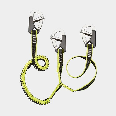 Safety tether Plastimo Double Tether, elastic & static, 1.5 meter (extended) + 1 meter (static), ISO 12401 / OSR, with 3 safety hooks