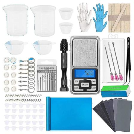 190 osan epoksihartsi-silikonivarusteiden työkalusarja, hartsimittakupit, taskuvaaka, käsityömatto, hiekkapaperit yhteensopivia