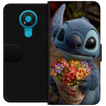 Kompatibel Tegnebogsetui til Nokia Nokia 3.4 Sød blå figur med store øjne, der holder en farverig buket i en varm og kær stil