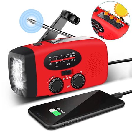 Håndsvingradio med Solceller, Lommelygte og 2000mAh Powerbank SOS Nødsituation - Rød