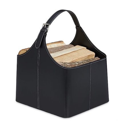 Vedkurv, imitert skinn vedlagring, avisstativ, peistilbehør, svart