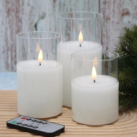 Glass Flameless Flickering Candles med fjernkontroll, 3-pak realistiske LED-falske stearinlys Høy 4" 5"" 6"""