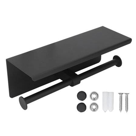 Självhäftande toalettpappershållare i svart rostfritt stål med hylla, stansfri badrumsrullehållare K10