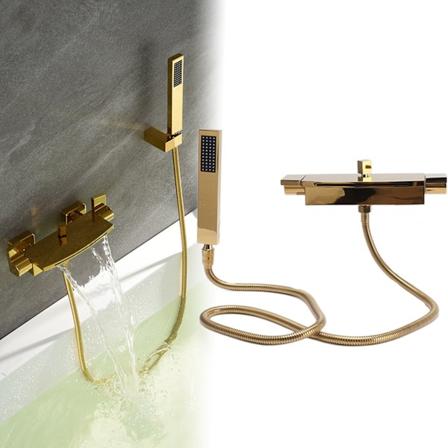 Suihkukahvasetti Vesiputossuammekahivan kanssa Kaksoisohjaus Seinäkiinnitys Suihkuammekahivan setti Suihkupäällä Naaras-Uroskierre G1/2 Kulta