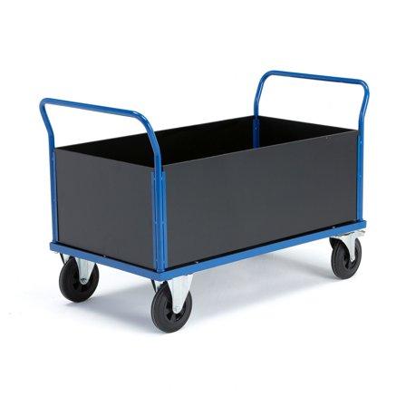 Plattformwagen TRANSFER mit hohem Holzpaneelen, 1200 x 800 mm, Gummirollen feststellbar