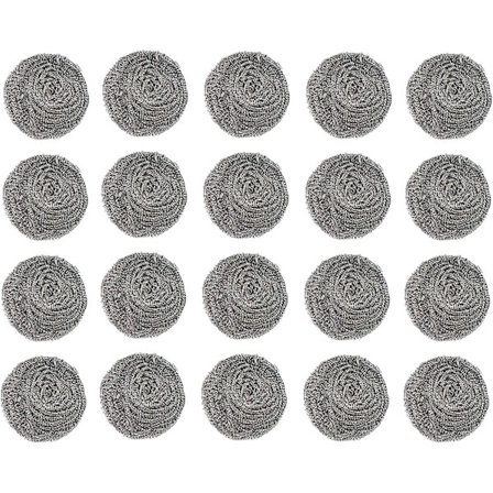 20-pack rostfria skursvampar i spiralform, idealiska för att ta bort envis smuts och matrester från grillar och stekpannor