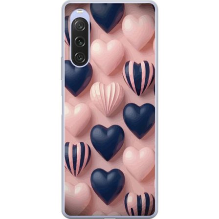 Yhteensopiva Puhelinkuori Sony Xperia 10 V Pehmeät kolmiulotteiset sydämet vaaleanpunaisessa ja merensinisessä sävyssä romanttisessa kuosissa