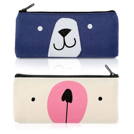 Sød Canvas Penneæske, 2 stk. Tegneserie Penneæske Kawaii Penneholder Blyantpose Lynlås Stationery Taske Makeup Taske Pop Up Kosmetik Taske (Blå+Hvid)