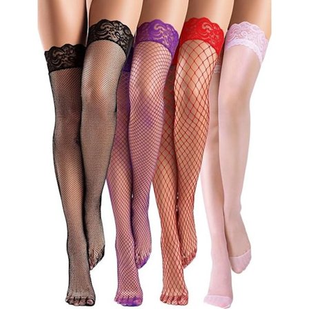 Dame tilbehør - strømper - strømper med høj støtte - 4 fiskenet strømpebukser med blonde dekoration - uniform størrelse - sort, lilla, rød, pink