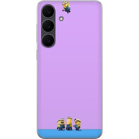 Samsung Galaxy S25 FE Gjennomsiktig deksel Minions leken illustrasjon med lilla og blå bakgrunn humoristisk filmtema perfekt for fans av morsomme kar