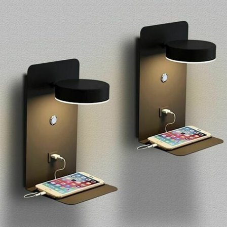 2 stk. LED Vegglampe Innendørs med USB-port 12W Tricolor Dimbar Moderne Vegglampe med Bryter Veggleselampe 330° Lampe
