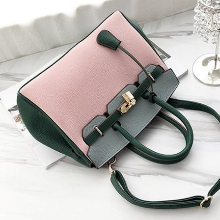 Dam axelväska PU Stor kapacitet Färgblockering Snygg Handväska Messenger Bag Rosa En storlek[C]