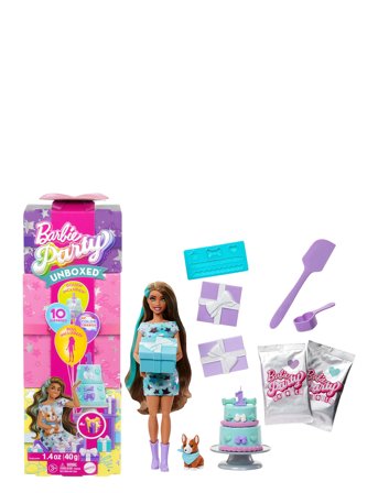 Party Unboxed Pet Birthday Series Doll & Accessories, Party Stars Set With 10 Surprises Patterned Barbie