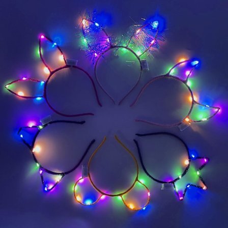 Set med 6 LED-pannband med kattöron, upplyst pannband med blomsterkrans, älvljus, hårkrans
