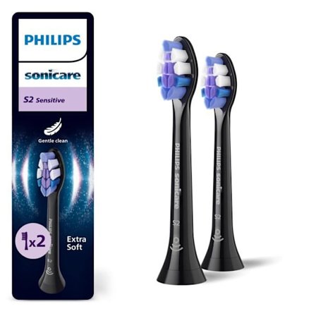 Sensitive udskiftningsbørstehoveder - Philips - S2 Sensitive - Pakke med 2 - Sort - Fjerner op til 10x mere plak