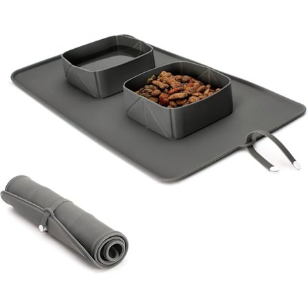 39x23,5x12 cm Bärbar Husdjursmatare, Silikonskålar för Hund och Katt på Resa, Hopfällbar Skål för Mat och Vatten, 2-i-1 Lösning